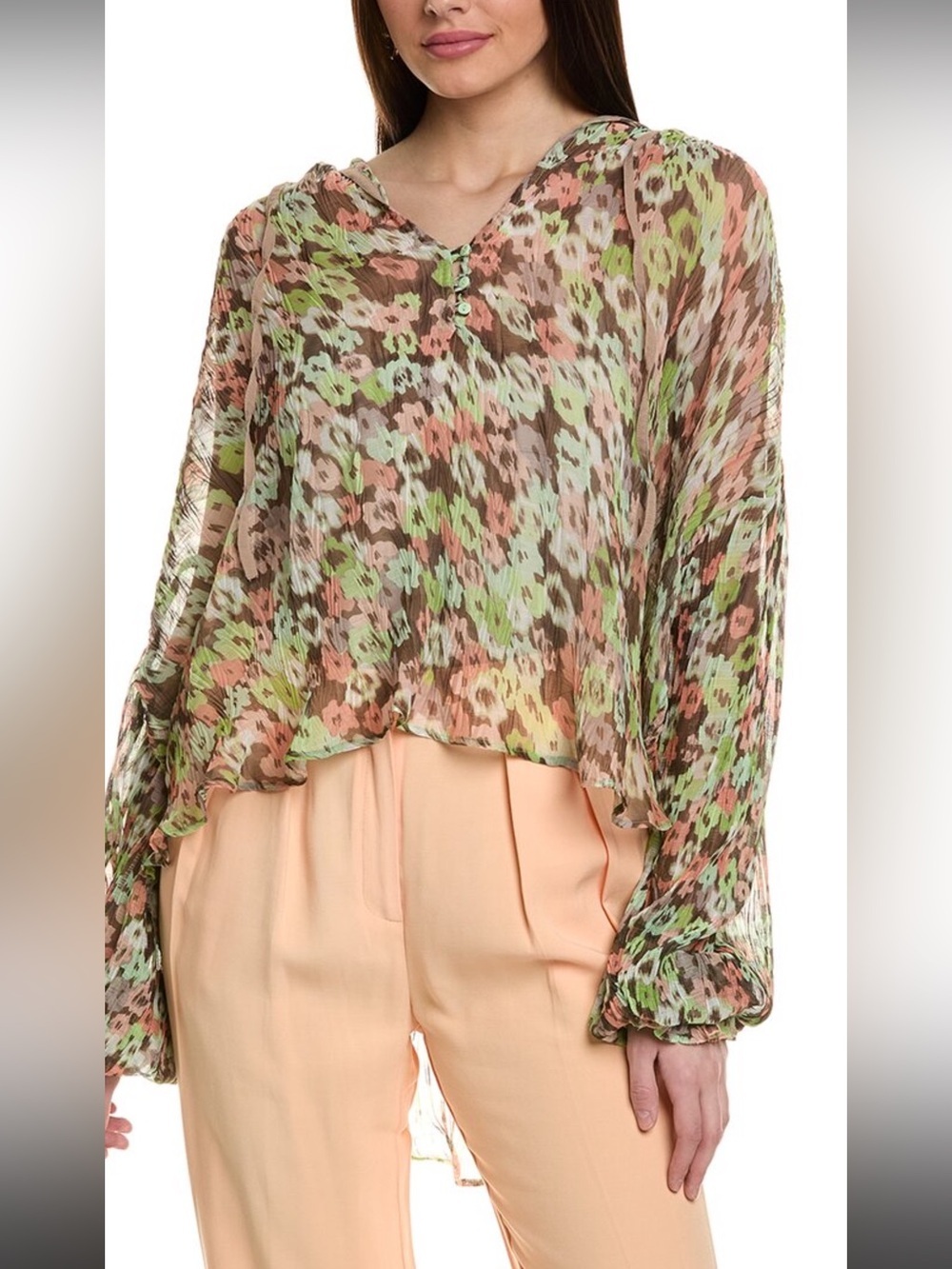 Sabina Musayev Atara Top Peach Print Pleated Boho Blouse NWT Medium Sheer Floral